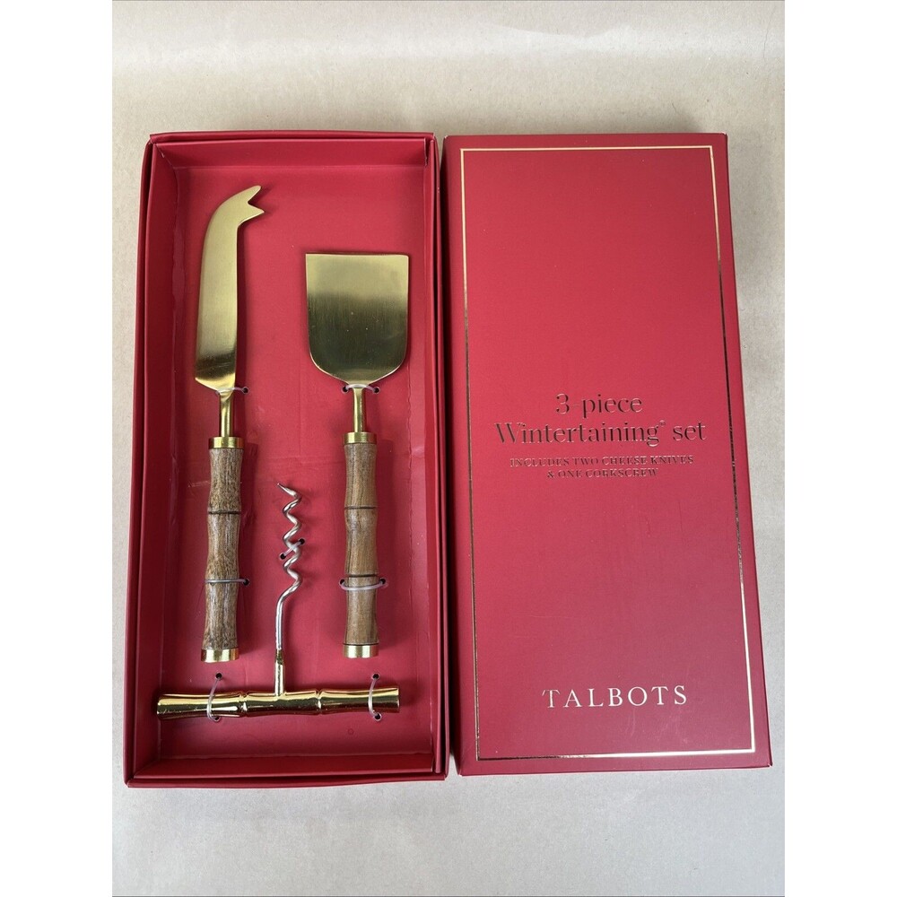 Talbots 3 Pc Cheeseknives and Corkscrew Wintertaining Set‎ New Bamboo Style Gift
